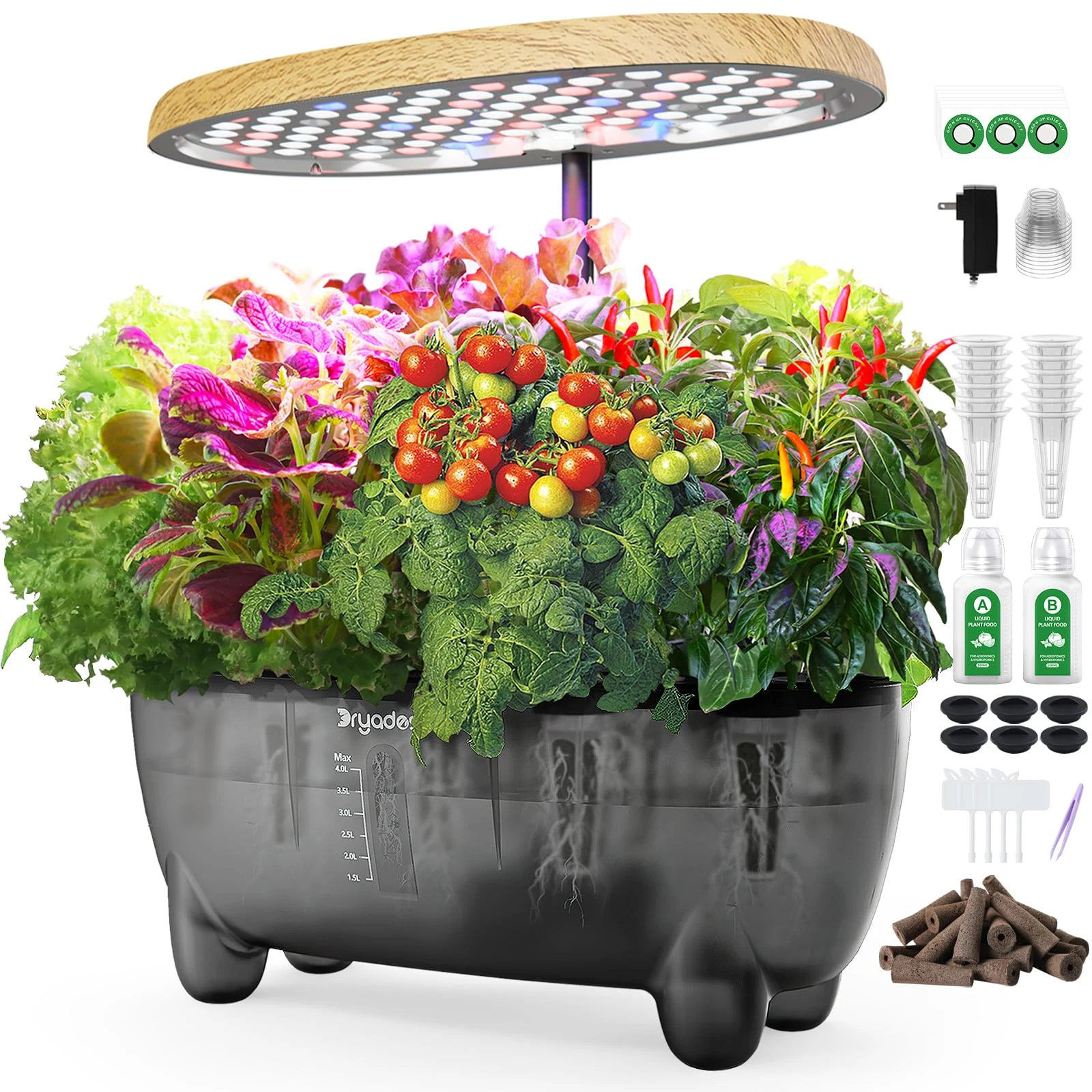 DRYADES Hydroponic Growing System Kit 12 Pods, Smart Herb Garden Planter with 24W Full Spectrum LED Grow Light, Indoor Garden Planter for Home/Office/School (Wood Grain)