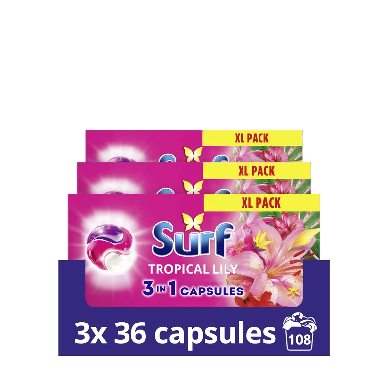 Surf 3 in 1 Tropical Lily Laundry Capsules joy-infused fragrance with natural essential oils lasting up to 12 hours in wear for brilliantly clean results 108 washes (3x 36 capsules)
