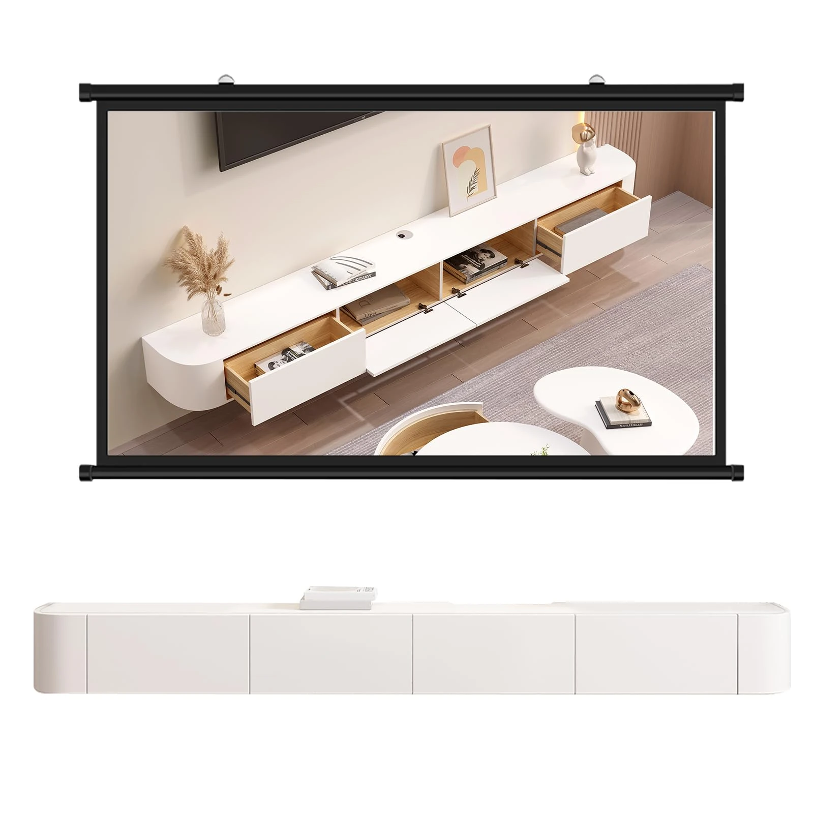 HYANXUE Floating TV Stand In Solid Wood, High Gloss Wall Mounted TV Cabinet, Floating Shelves With Door, Modern Entertainment Media Console Center Large Storage TV Bench(White,200CM/78.7")