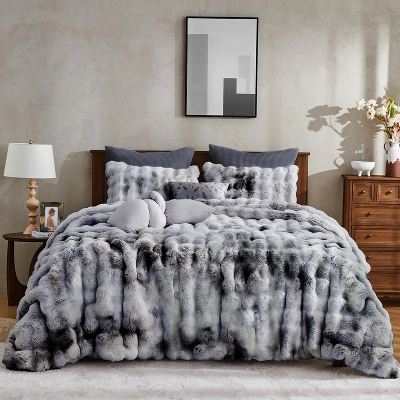 Wonderful 3 Pieces Fluffy Faux Rabbit Fur Bubble Comforter Set King Size, Tie-Dyeing Multiple Grey Plush Fuzzy Bedding Set, Warm Soft Bubble Comforter Bedding Set for Winter