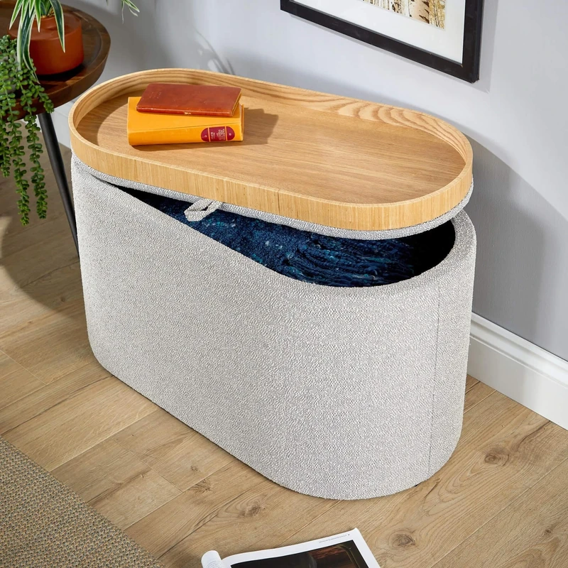Home Source Oval Fabric-Covered Storage Ottoman with Detachable Wooden Lid, Grey