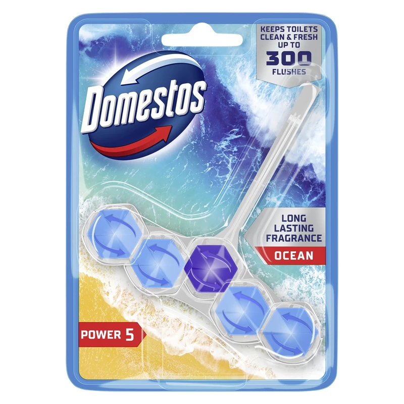 Domestos Power 5 Ocean Toilet Rim Block toilet freshener with a long-lasting fragrance cleans and freshens for up to 300 flushes 50 g