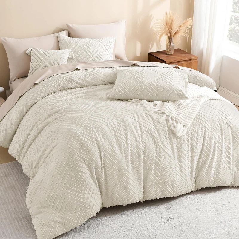 Litanika Oversized King Comforter Set, 3 Pcs Beige Tufted Boho Bedding Set