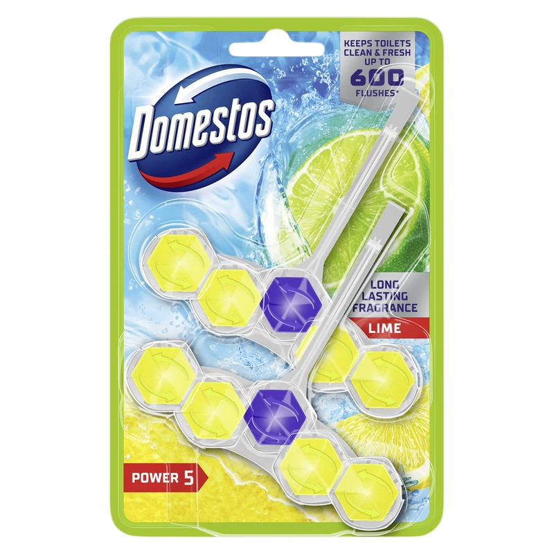 Domestos Power 5 Lime Toilet Rim Blocks toilet freshener with a long-lasting fragrance clean and freshen for up to 300 flushes 2x 50 g