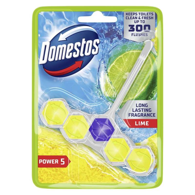 Domestos Power 5 Lime Toilet Rim Block toilet freshener with a long-lasting fragrance cleans and freshens for up to 300 flushes 50 g