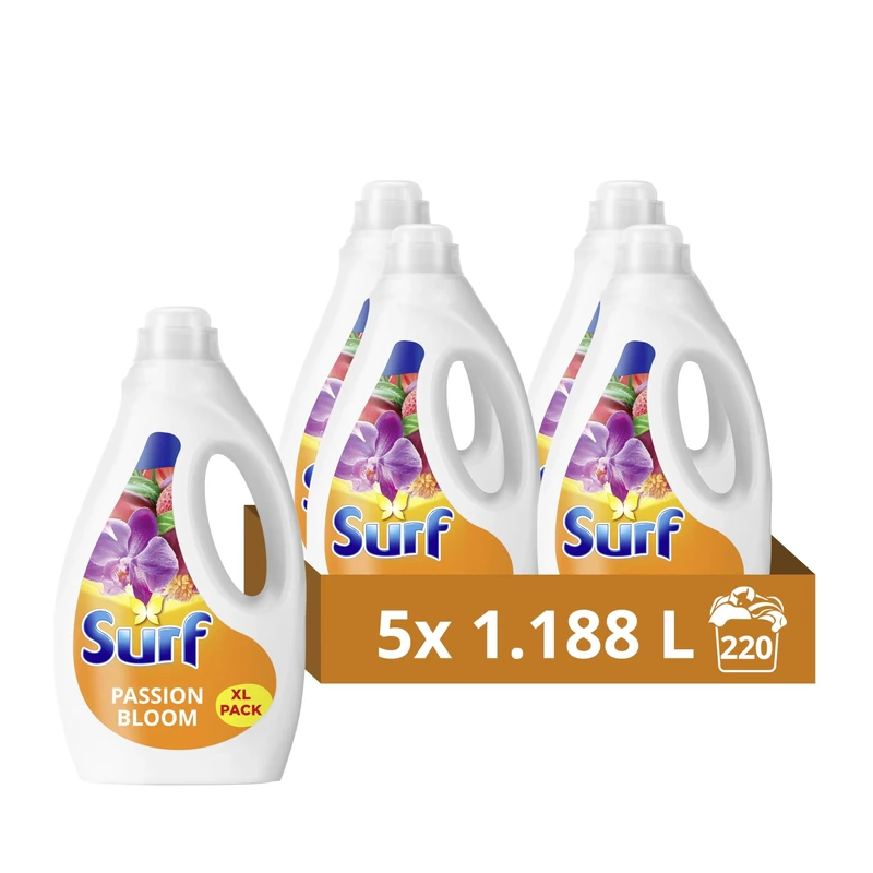 Surf Passion Bloom Laundry Washing Liquid 220 washes with a joy-infused fragrance with natural essential oils lasting up to 12 hours in wear Detergent for brilliantly clean results (5x 1.188 L)
