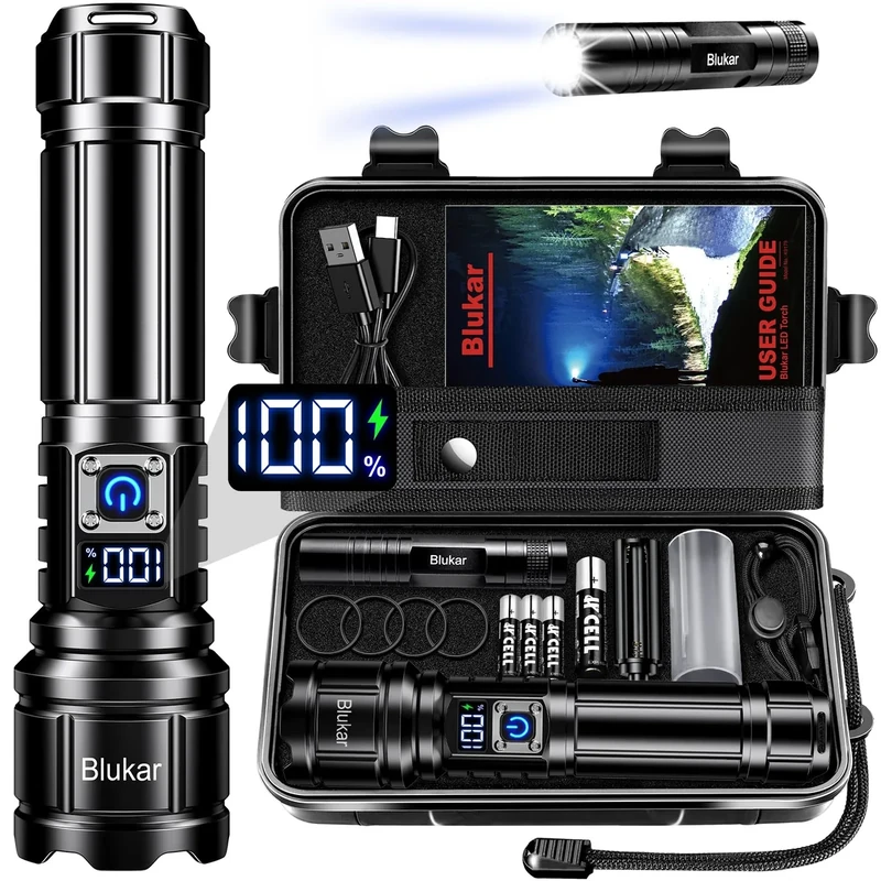 Blukar Torch Rechargeable, Ultra High Lumens Super Bright Flashlight, Adjustable Focus, 5 Modes, 5000 mAh Long Lasting, IP67 Waterproof, Smart Digital Display for Camping, Power Cuts, Emergency