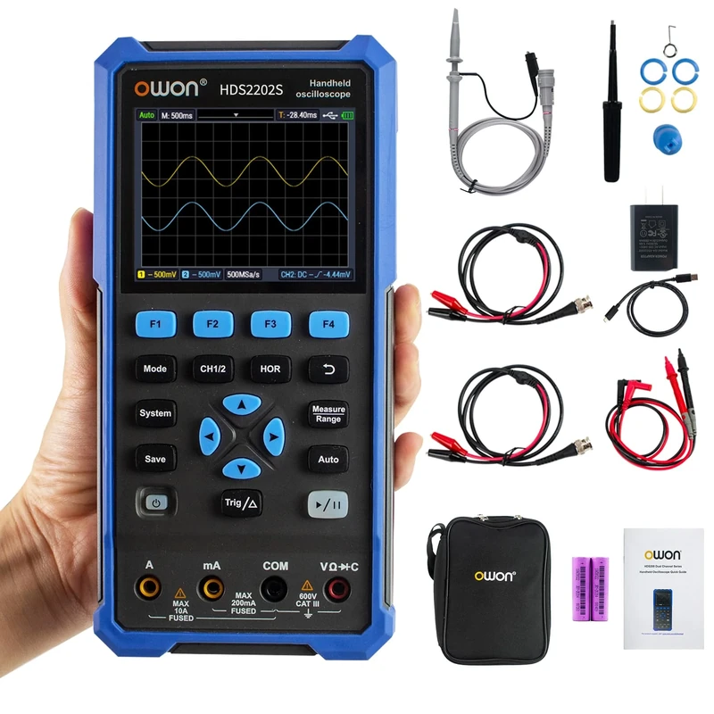 OWON HDS2202S Handheld Oscilloscope, 200MHz Bandwidth 3 in 1 Digital Multimeter Oscilloscope, 20000 Counts with 2 Channel USB Type C and 3.5 Inch LCD Display (oscilloscope+multimeter+generator)