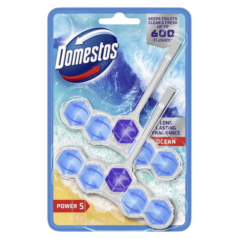 Domestos Power 5 Ocean Toilet Rim Blocks toilet freshener with a long-lasting fragrance clean and freshen for up to 300 flushes 2x 50 g