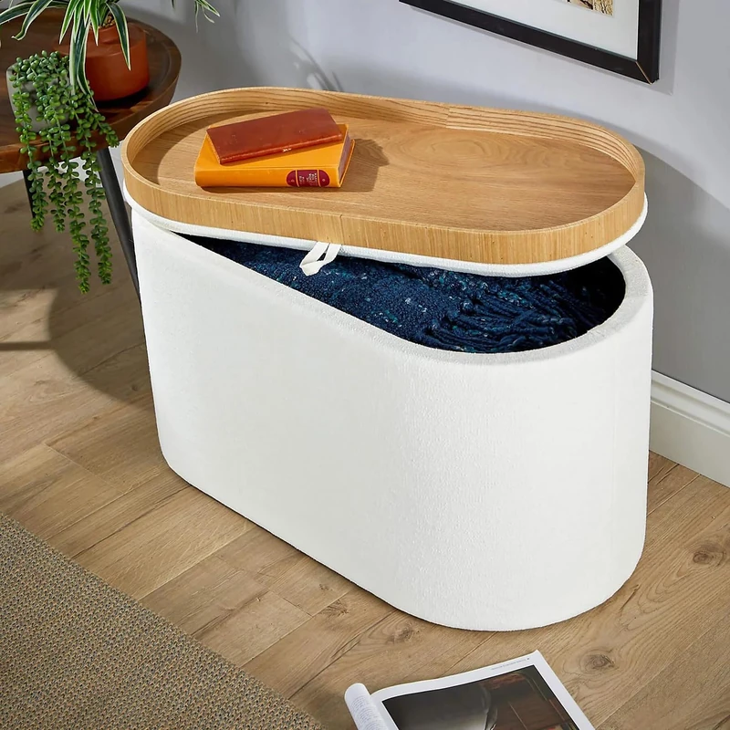 Home Source Oval Fabric-Covered Storage Ottoman with Detachable Wooden Lid, White