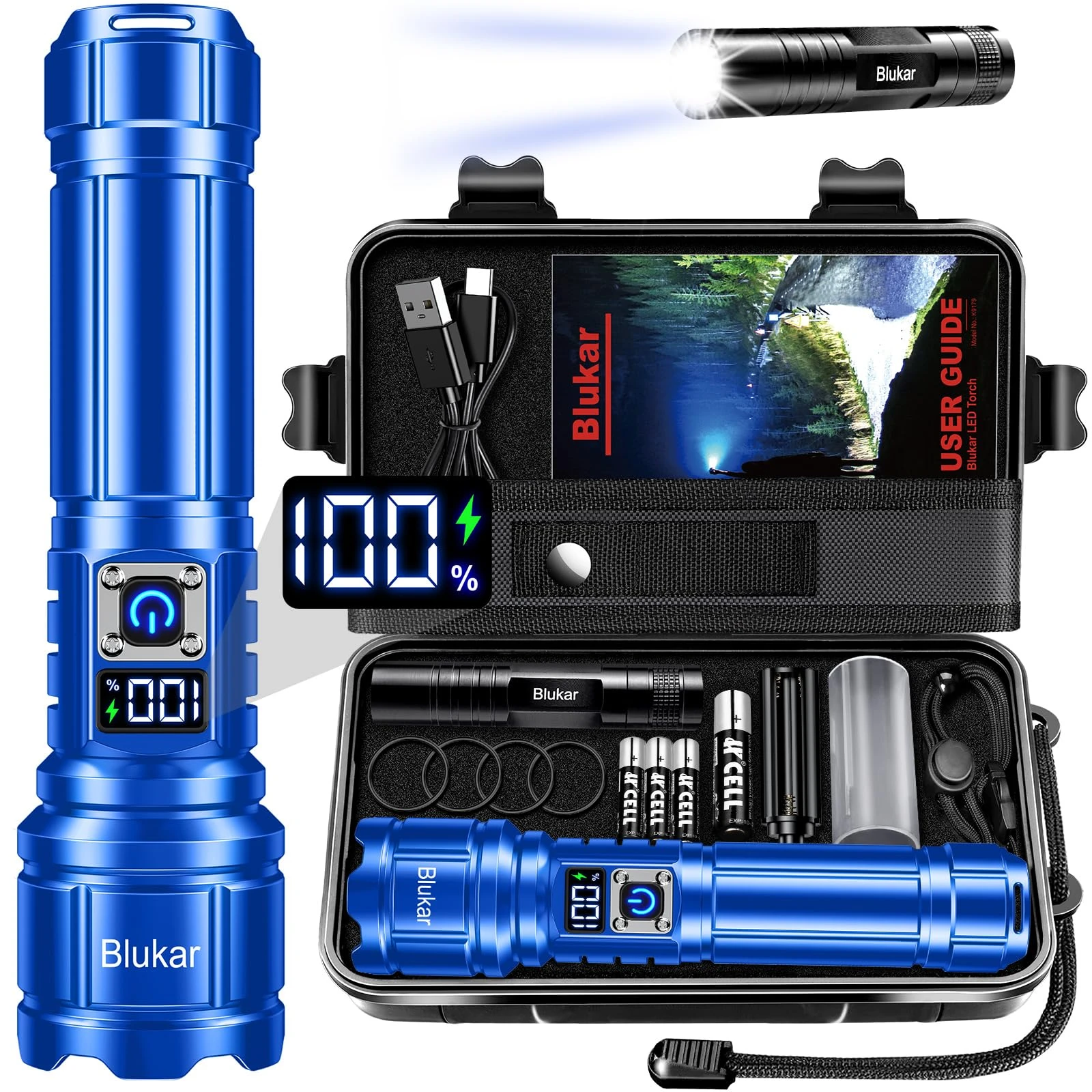 Blukar Torch Rechargeable, Ultra High Lumens Super Bright Flashlight, Adjustable Focus, 5 Modes, 5000 mAh Long Lasting, IP67 Waterproof, Smart Digital Display for Camping, Power Cuts, Emergency- Blue