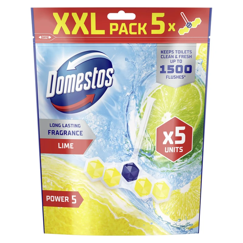 Domestos Power 5 Lime Toilet Rim Blocks toilet freshener with a long-lasting fragrance clean and freshen for up to 300 flushes 5x 50 g