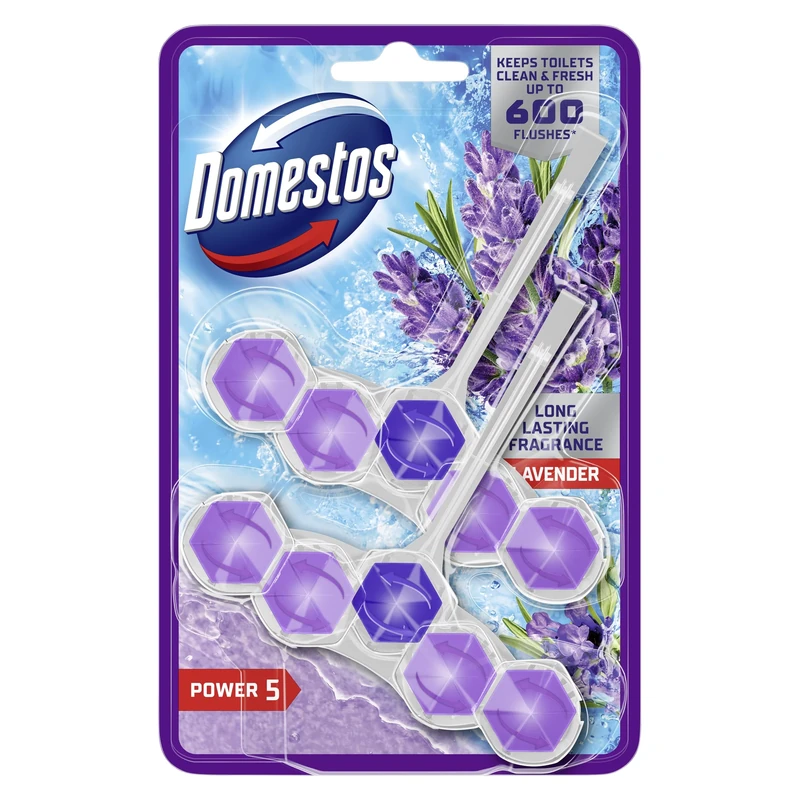 Domestos Power 5 Lavender Toilet Rim Blocks toilet freshener with a long-lasting fragrance clean and freshen for up to 300 flushes 2x 50 g