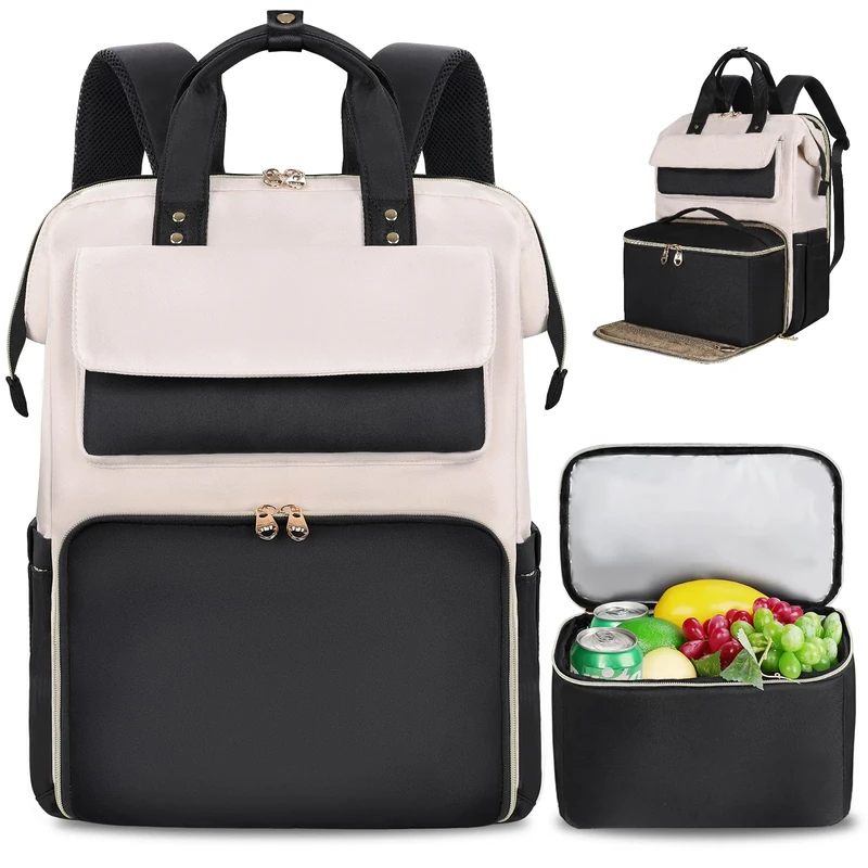 BERTASCHE Lunch Backpack for Women, 15.6~17.3 Inch Laptop Backpack with Insulated Cooler Lunch Box, Work Bag for Teacher Nurse Travel College Picnic,Cream-No Lunch Box-15.6