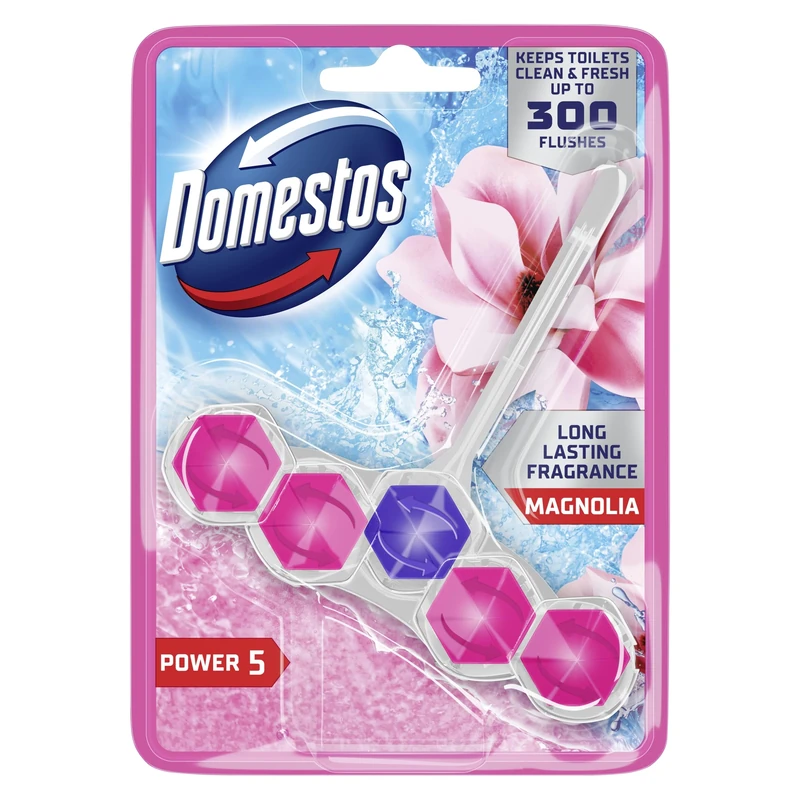 Domestos Power 5 Magnolia Toilet Rim Block toilet freshener with a long-lasting fragrance cleans and freshens for up to 300 flushes 50 g
