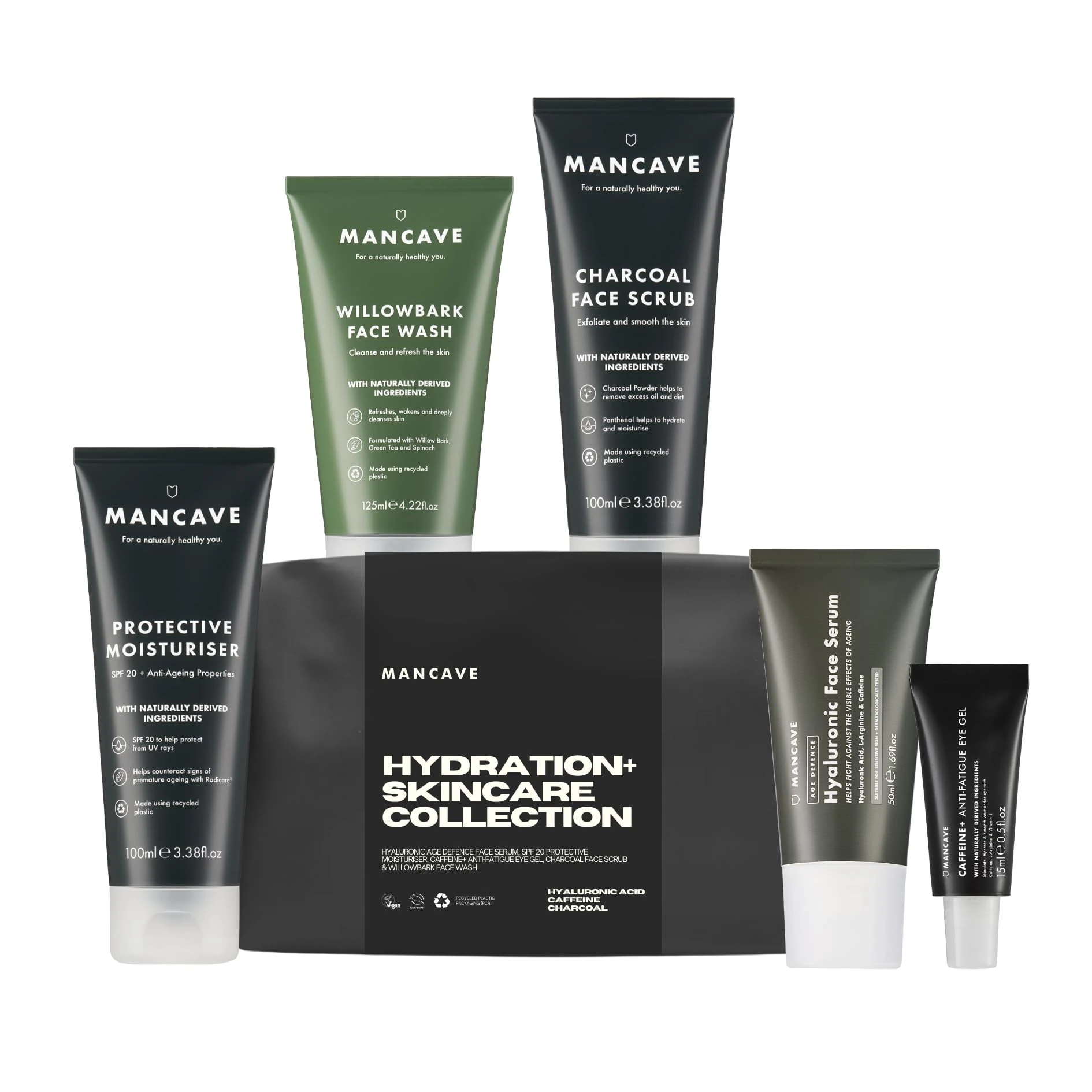 ManCave Hydration+ Skincare Collection Gift Set, SPF 20 Protective Moisturiser, Face Wash, Face Scrub, Hyaluronic Face Serum, Anti-Fatigue Eye Gel, Dermatologically Tested, Vegan, Packaging May Vary