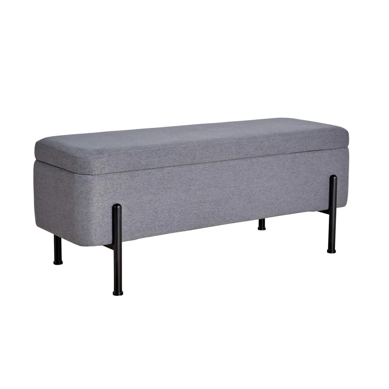 Home Source Linen Fabric Storage Ottoman Blanket Box, Black Metal Legs, Grey