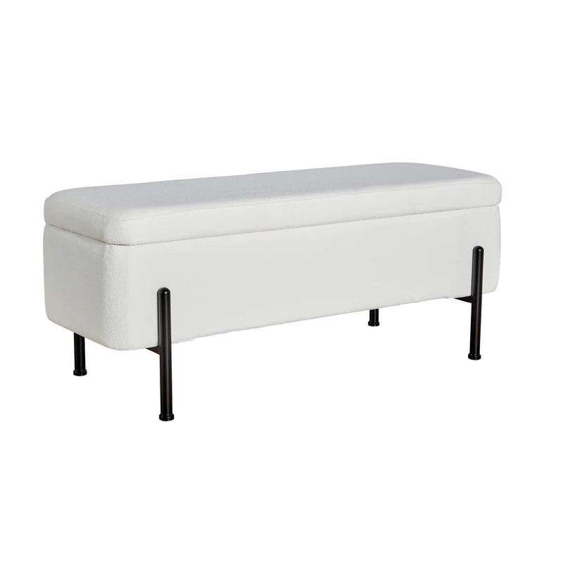 Home Source Boucle Fabric Storage Ottoman Blanket Box, Black Metal Legs, White