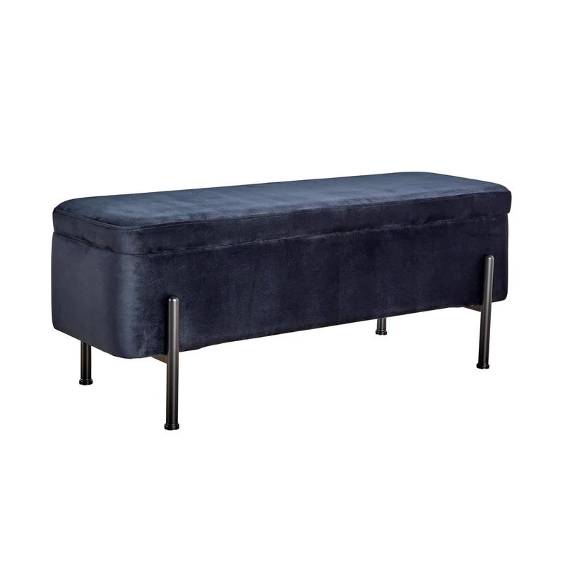 Home Source Velvet Fabric Storage Ottoman Blanket Box, Black Metal Legs, Black