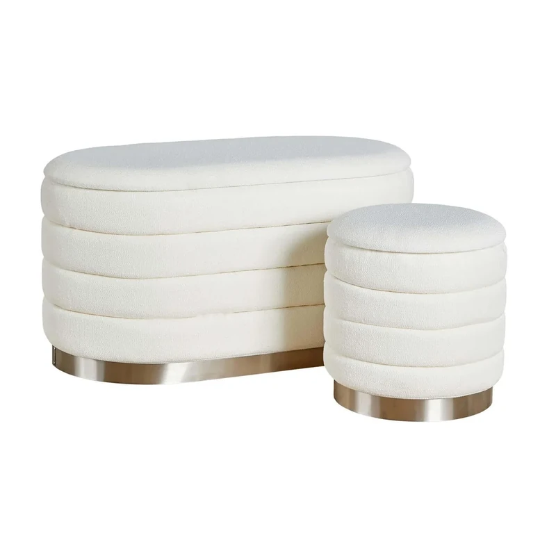 Home Source Set of 2 Boucle Fabric Storage Ottomans, Stainless Steel Base, White
