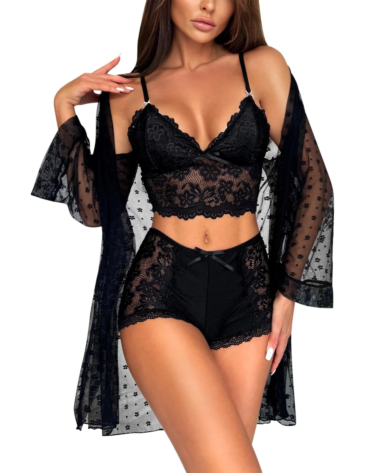 RSLOVE Sexy Lingerie for Women Sets - Lace Bra and Panty Set with Mesh Robe 3 Piece Babydoll Nightwear Black M