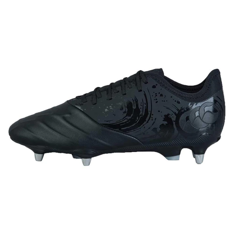 Canterbury Adult Unisex Phoenix Genesis Pro Soft Ground Rugby Boots | Robust Leather Forefoot | Vaposkin-Reinforced Knitted Upper Soft Ground Rugby Boots, Black/Silver Metallic, 6