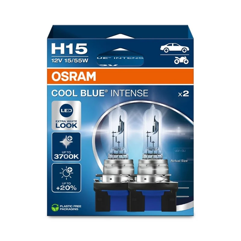 OSRAM COOL BLUE® INTENSE H15, +20% more brightness, up to 3,700K, halogen headlight lamp, LED look, Hanging folding box (2 lamps)