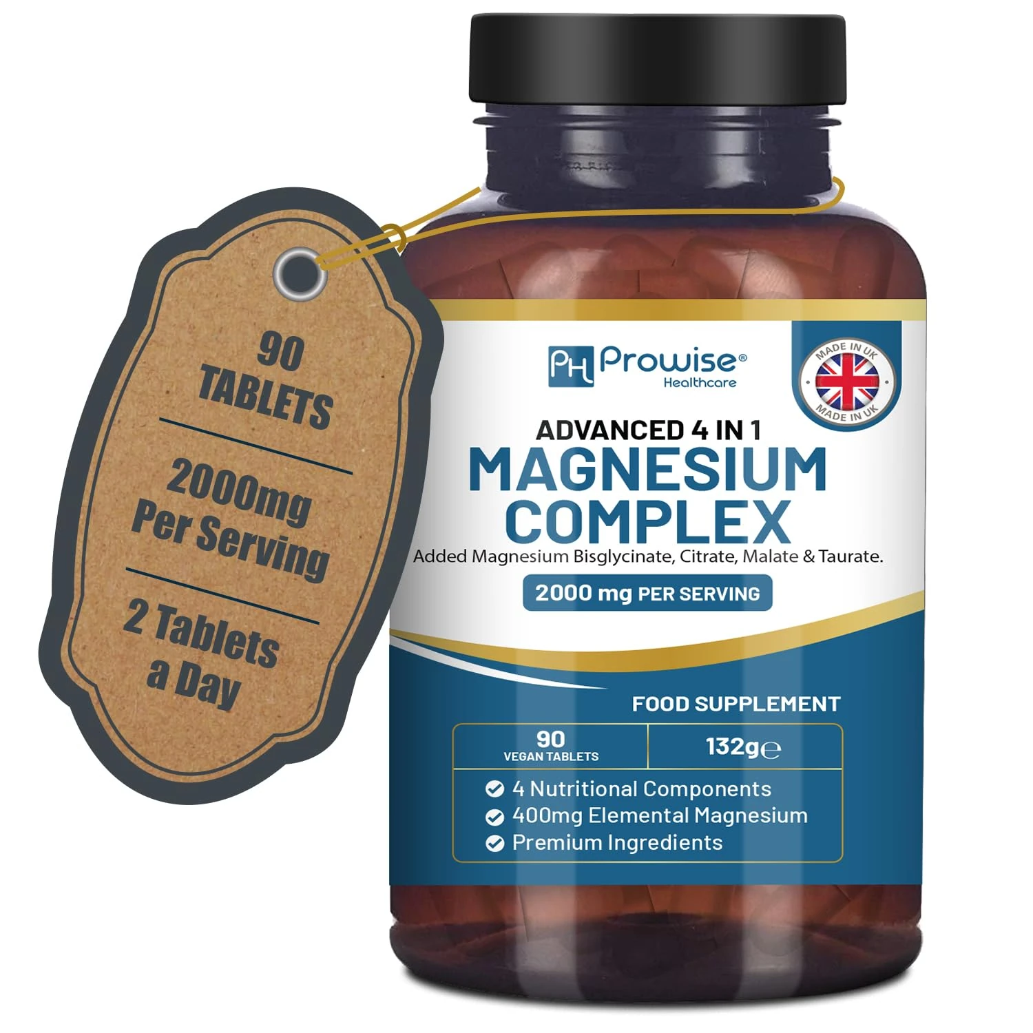 Magnesium Glycinate Complex 4 in 1-2000mg per Serving | Precise 400mg Elemental dose | Added Magnesium Bisglycinate, Citrate, Malate & Taurate | 90 Vegan Tablets - by Prowise