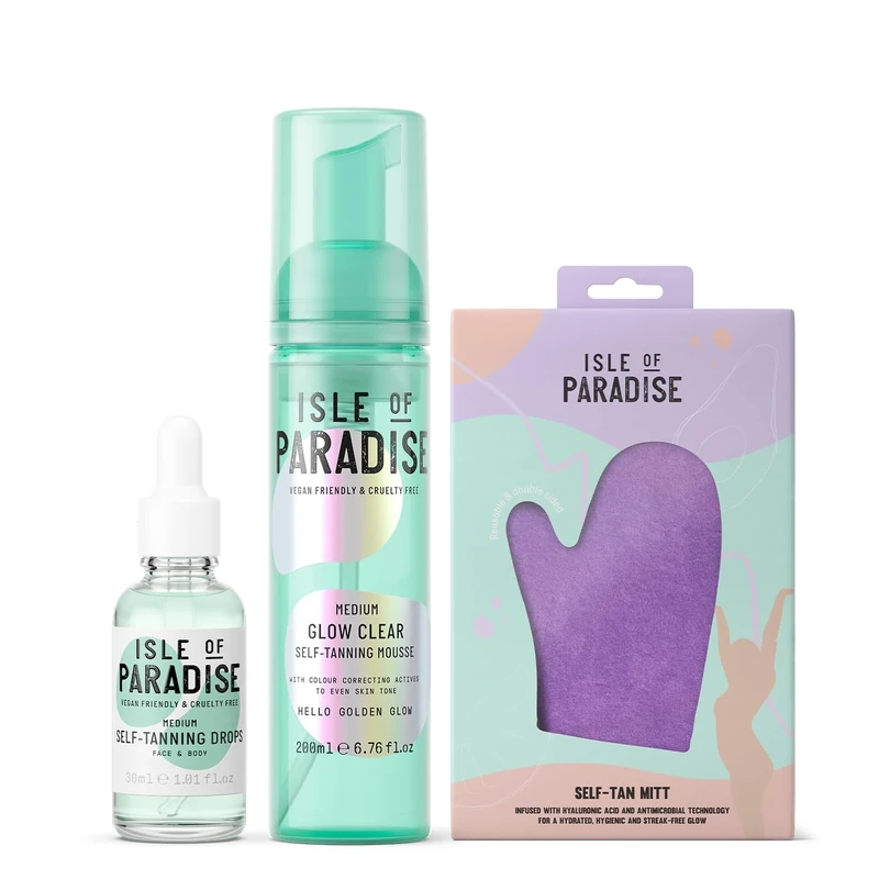 Isle of Paradise Self Tan Mousse, Medium Glow Clear Self Tanning Foam (200ml) + Self Tanning Face Drops Medium (30 ml) + Isle of Paradise Self Tan Mitt Applicator Mitt for Self Tanning