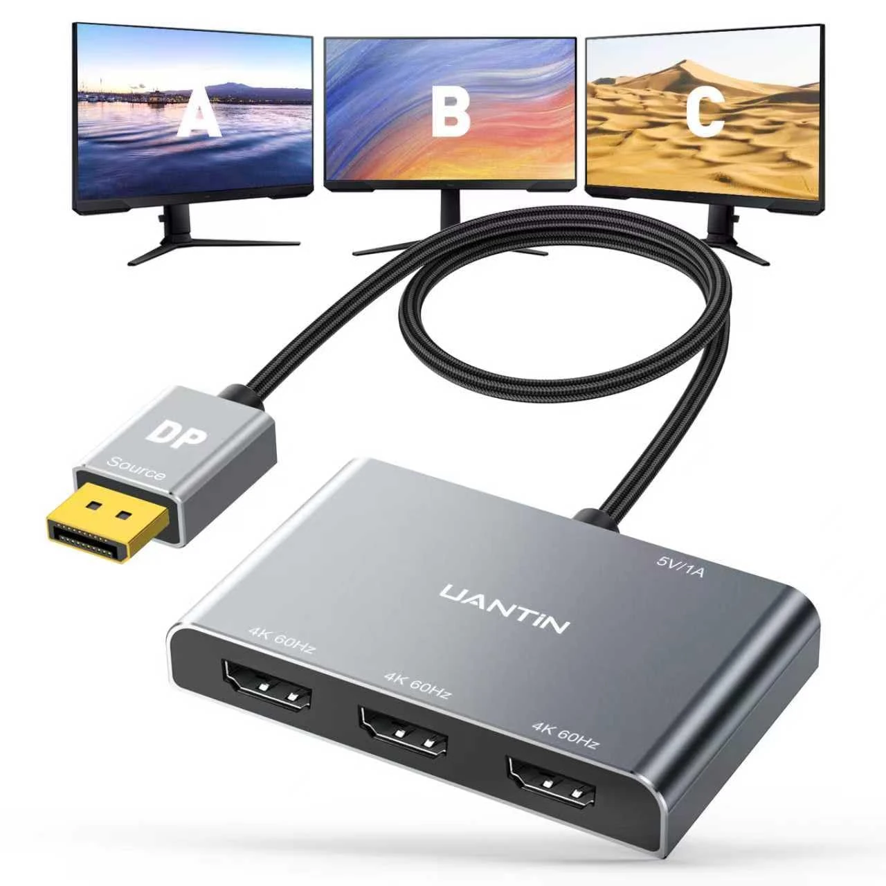 UANTIN DisplayPort to HDMI Splitter for 3 Monitors Extended Display Adapter 4K@60Hz 1 DP in 3 HDMI Out MST Hub for Multiple Monitor Display Port Compatible with NVIDIA/AMD Graphic Card
