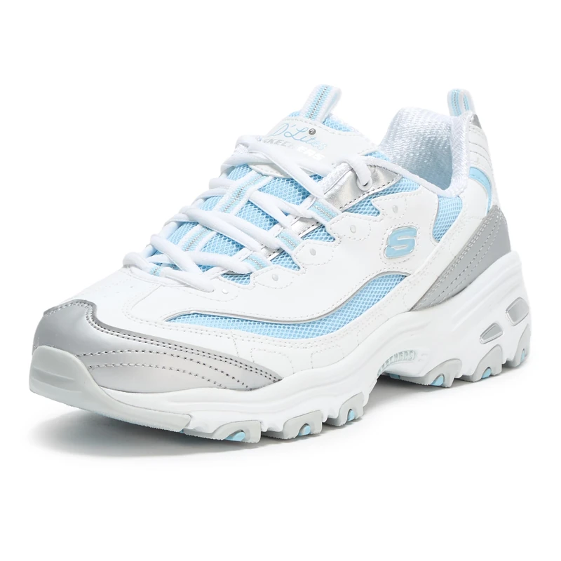 Skechers Women's D'Lites-Chromatic Sneaker, White/Silver/Light Blue, 7