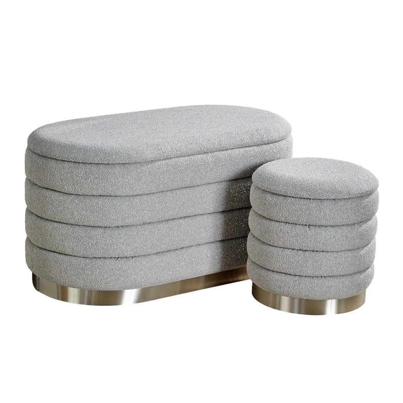 Home Source Set of 2 Boucle Fabric Storage Ottomans, Stainless Steel Base, Grey