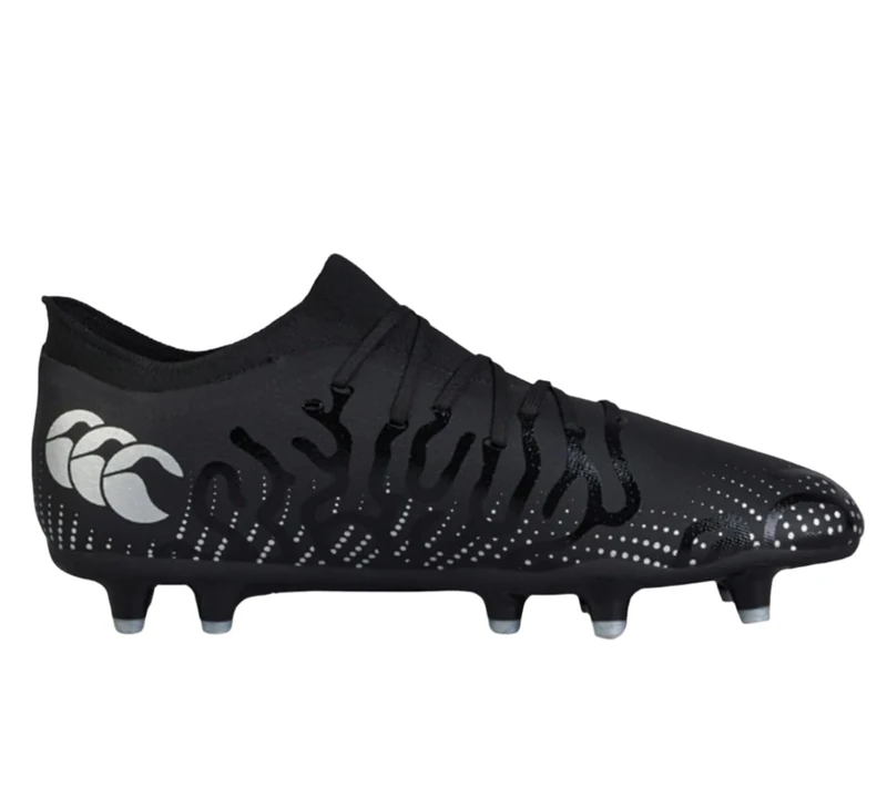 Canterbury Adult Unisex Speed Infinite Pro Firm Ground Rugby Boots | Lightweight Design | Breathable | Grip Texture Firm Ground Rugby Boots, Black/Silver Metallic, 9.5