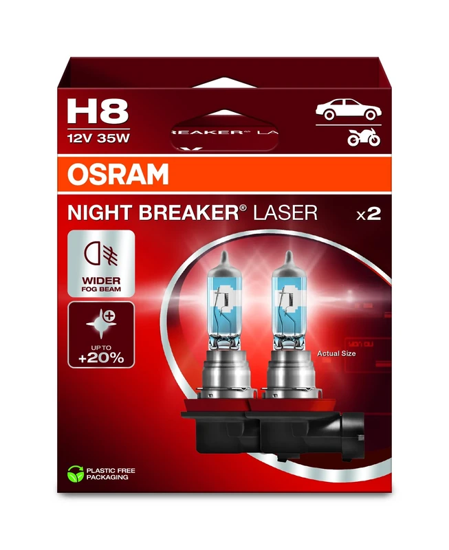 OSRAM NIGHT BREAKER LASER H8, 150% more brightness, halogen headlight lamp, 64212NL-2HB, 12V, Hanging folding box (2 lamps), white
