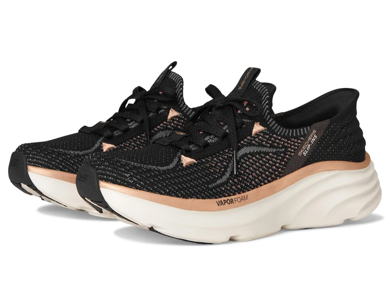 Skechers Women's D'Lux Vapor Evening Glow Slip-On Sneakers, Black Knit/Rose Gold Trim, 8 UK