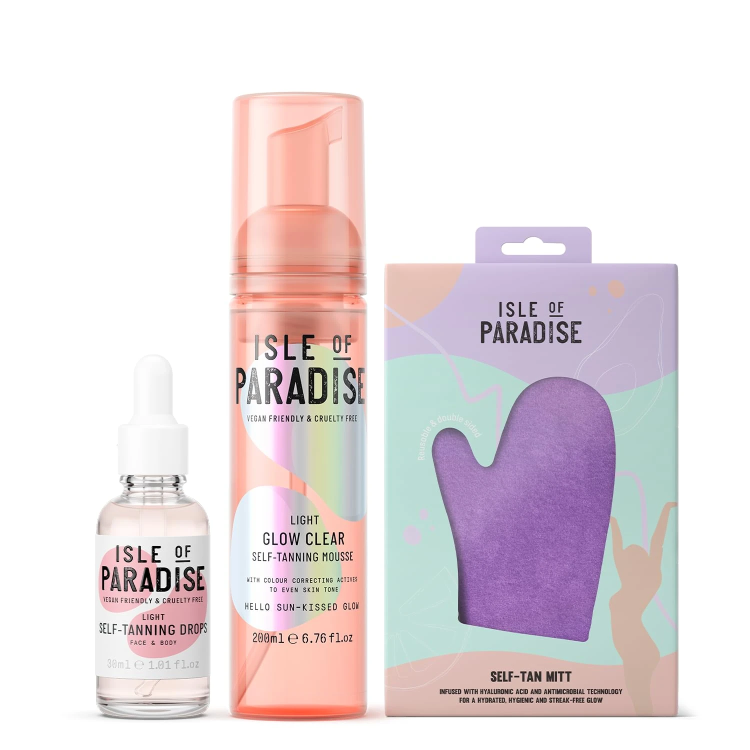 Isle of Paradise Self Tan Mousse - Light Glow Clear Self Tanning Foam (200 ml) + Face Drops Light (30 ml) & Mitt Applicator