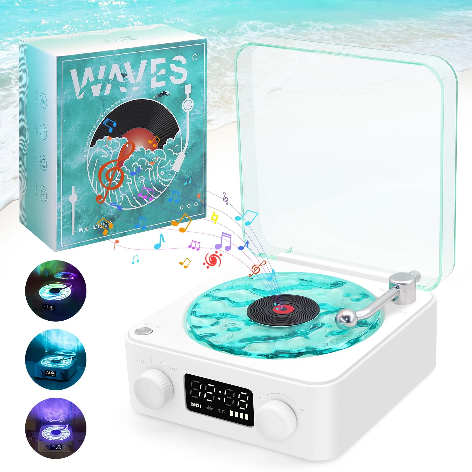 The Waves Vinyl Record Player with RGB Light, 2025 New Home Audio Record Players, 3 Mode Stereo Sound Sleep Aid with 4 Sounds of Nature, Portable Waves Vinyl Speaker with BT, TF, AUX (White)