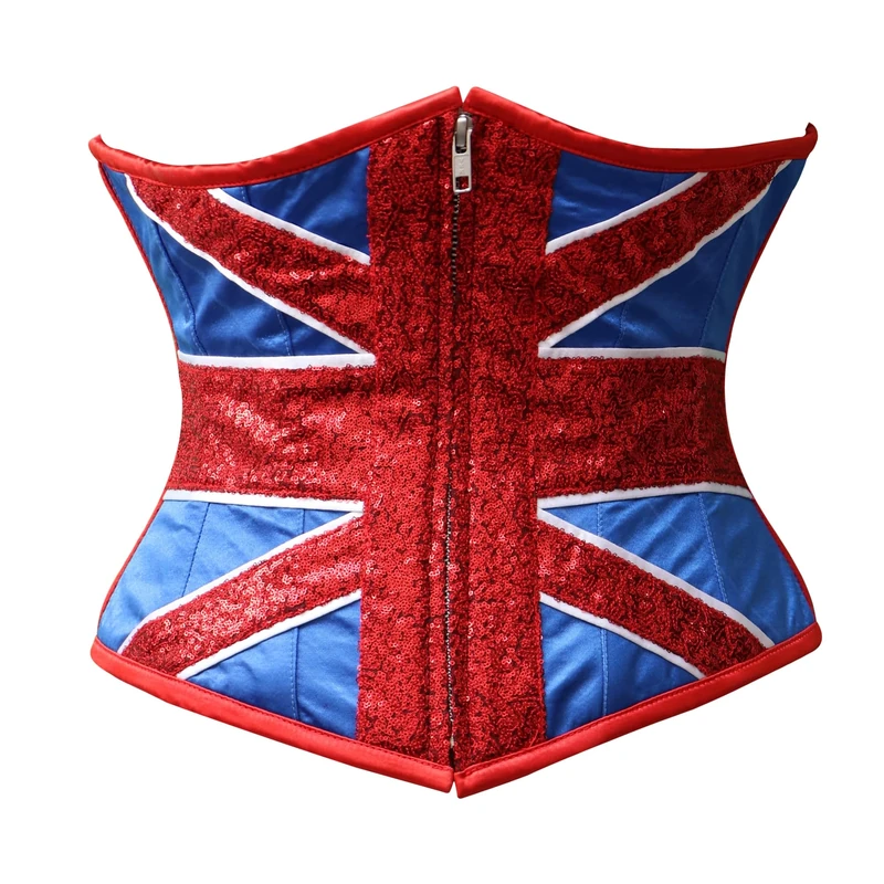 CorsetsNmore Women’s Blue Satin Red Sequins Fabric UK Flag Costume Burlesque Underbust Corset Top