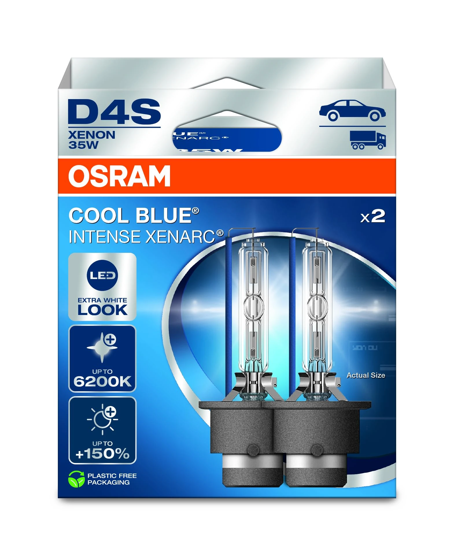 OSRAM XENARC® COOL BLUE® INTENSE D4S, +150% more brightness, up to 6,200K, xenon headlight lamp, LED look, Hanging folding box (2 lamps)