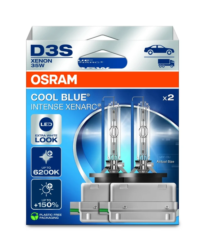 OSRAM XENARC® COOL BLUE® INTENSE D3S, +150% more brightness, up to 6,200K, xenon headlight lamp, LED look, Hanging folding box (2 lamps)