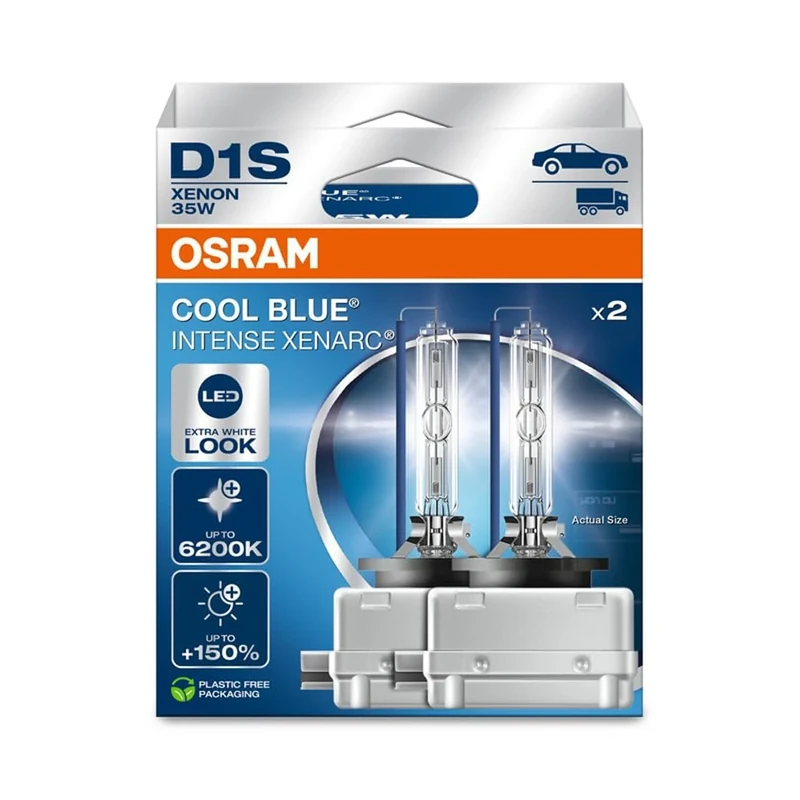 OSRAM XENARC® COOL BLUE® INTENSE D1S, +150% more brightness, up to 6,200K, xenon headlight lamp, LED look, Hanging folding box (2 lamps)