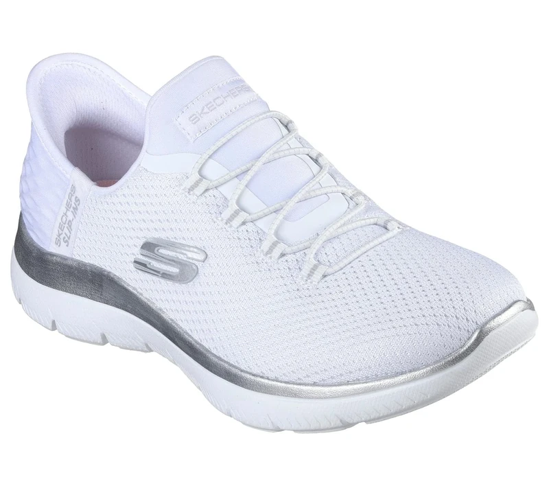 Skechers 150123 Summits-Diamond Dream Slip Ins Ladies White Silver Textile Vegan Slip On Trainers