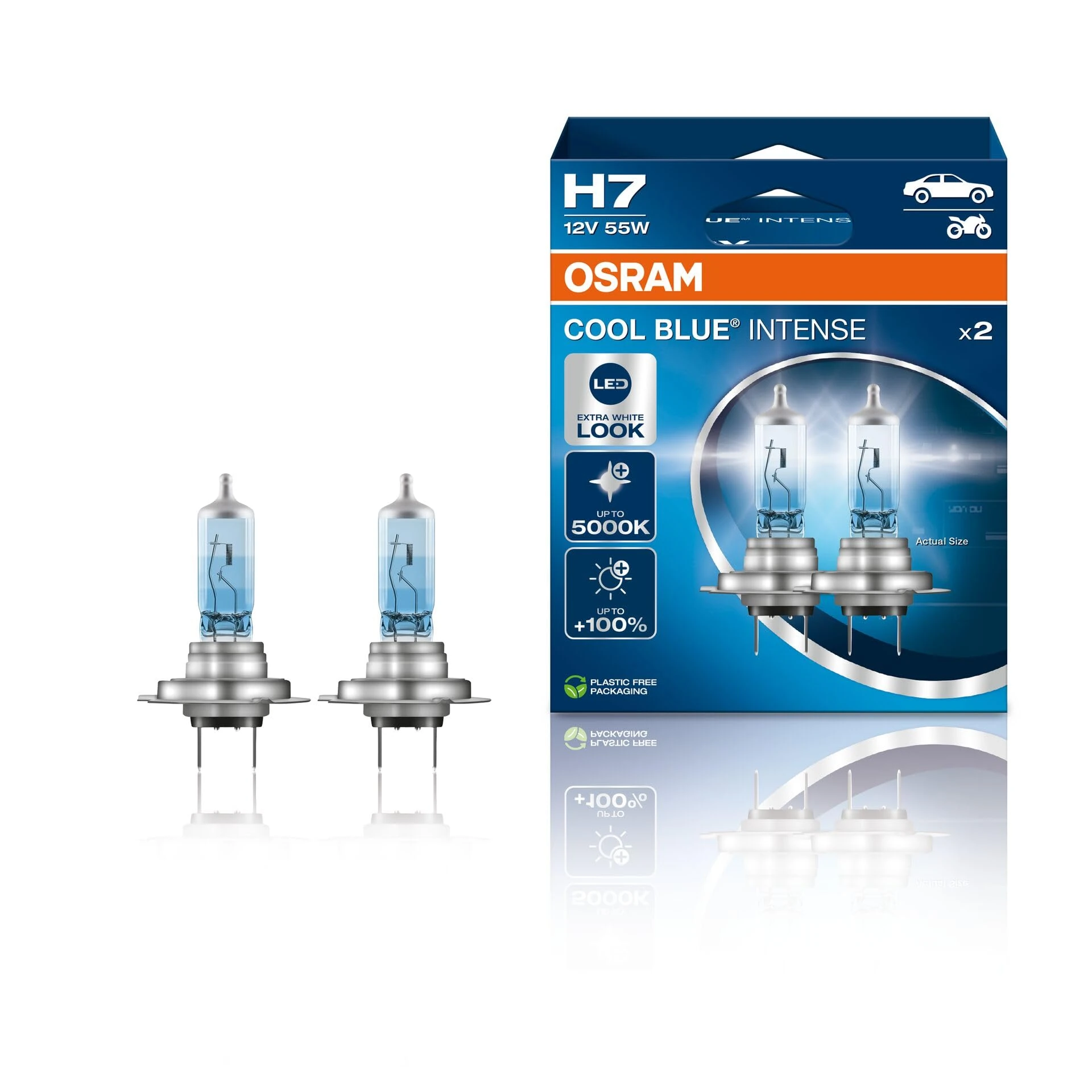 OSRAM COOL BLUE® INTENSE H7, +100% more brightness, up to 5,000K, halogen headlight lamp, LED look, Hanging folding box (2 lamps)