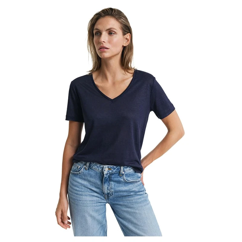 GANT Women's Reg Linen V-Neck Ss T-Shirt, Evening Blue, L - Image 1
