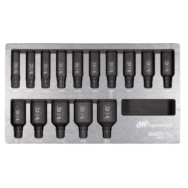 Ingersoll-Rand DXS2 Deep Metric Impact Socket Set, 15-Piece, Chrome-Molybdenum Steel, Hex Drive