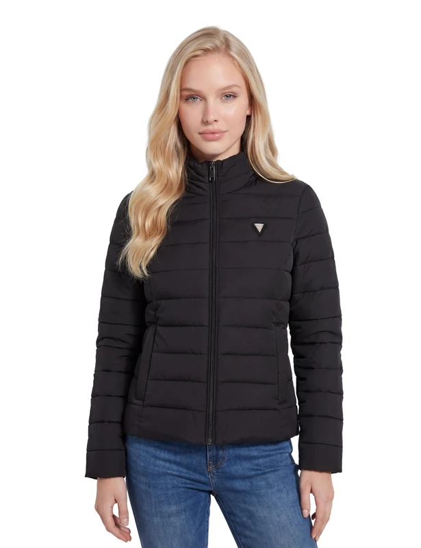 Guess Puffer Jacket Women Solid Heavy Diann Puffer Slim Fit Black
