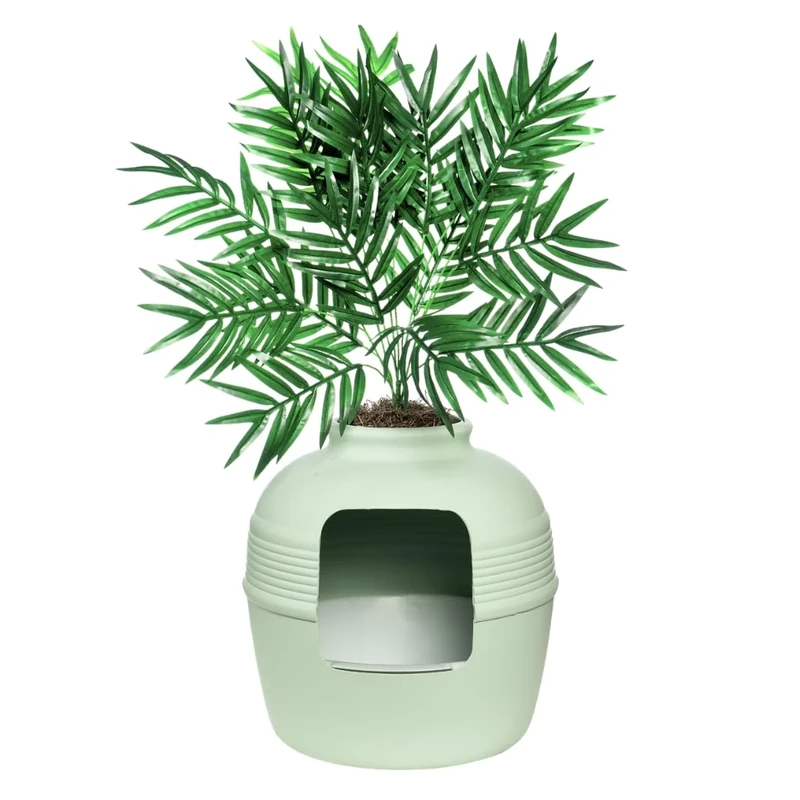Good Pet Stuff Hidden Cat Litter Box Enclosure with Artificial Plant, Decorative Round Planter, Removable Tray, Charcoal Filter Odor Control, Easy-to-Clean, Made in USA, Essentials Kit, Green