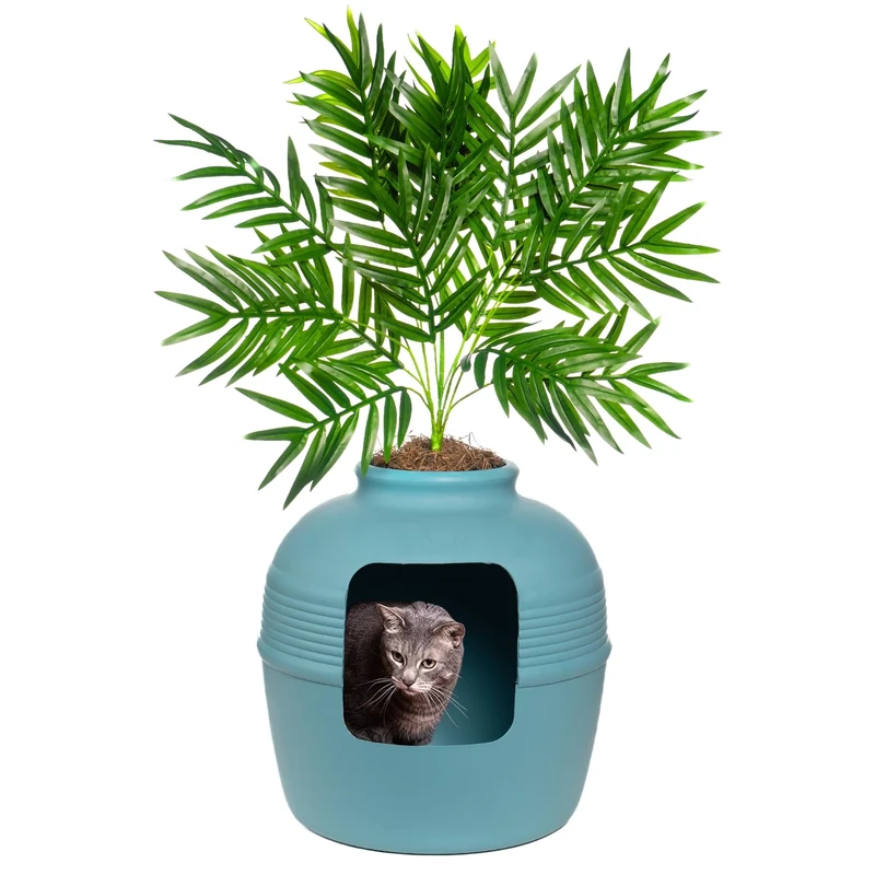 Good Pet Stuff Hidden Cat Litter Box Enclosure with Artificial Plant, Decorative Round Planter, Vented Carbon Charcoal Filter for Odor Control, Easy-to-Clean, Made in USA, Base Kit, Blue