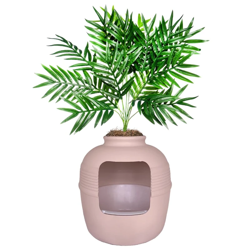 Good Pet Stuff Original Hidden Cat Litter Tray Planter with Artificial Plant, Round, Closed, Reusable Liner, Ventilated Carbon Filter Odor System, Easy Cleaning, Pink Coral