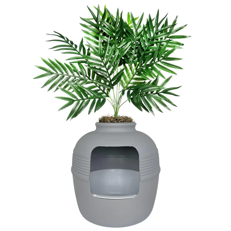 Good Pet Stuff Hidden Cat Litter Box Enclosure with Artificial Plant, Decorative Round Planter, Removable Tray, Charcoal Filter Odor Control, Easy-to-Clean, Made in USA, Essentials Kit, Gray
